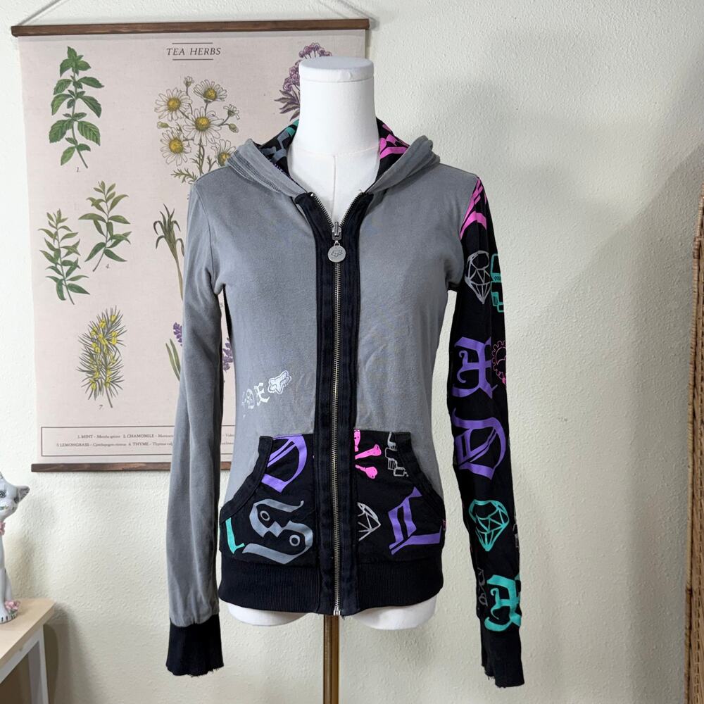 Y2k Fox Racing Full Zip Graphic Reversible Hoodie Jacket Grunge Emo Skater S - Picture 3 of 16